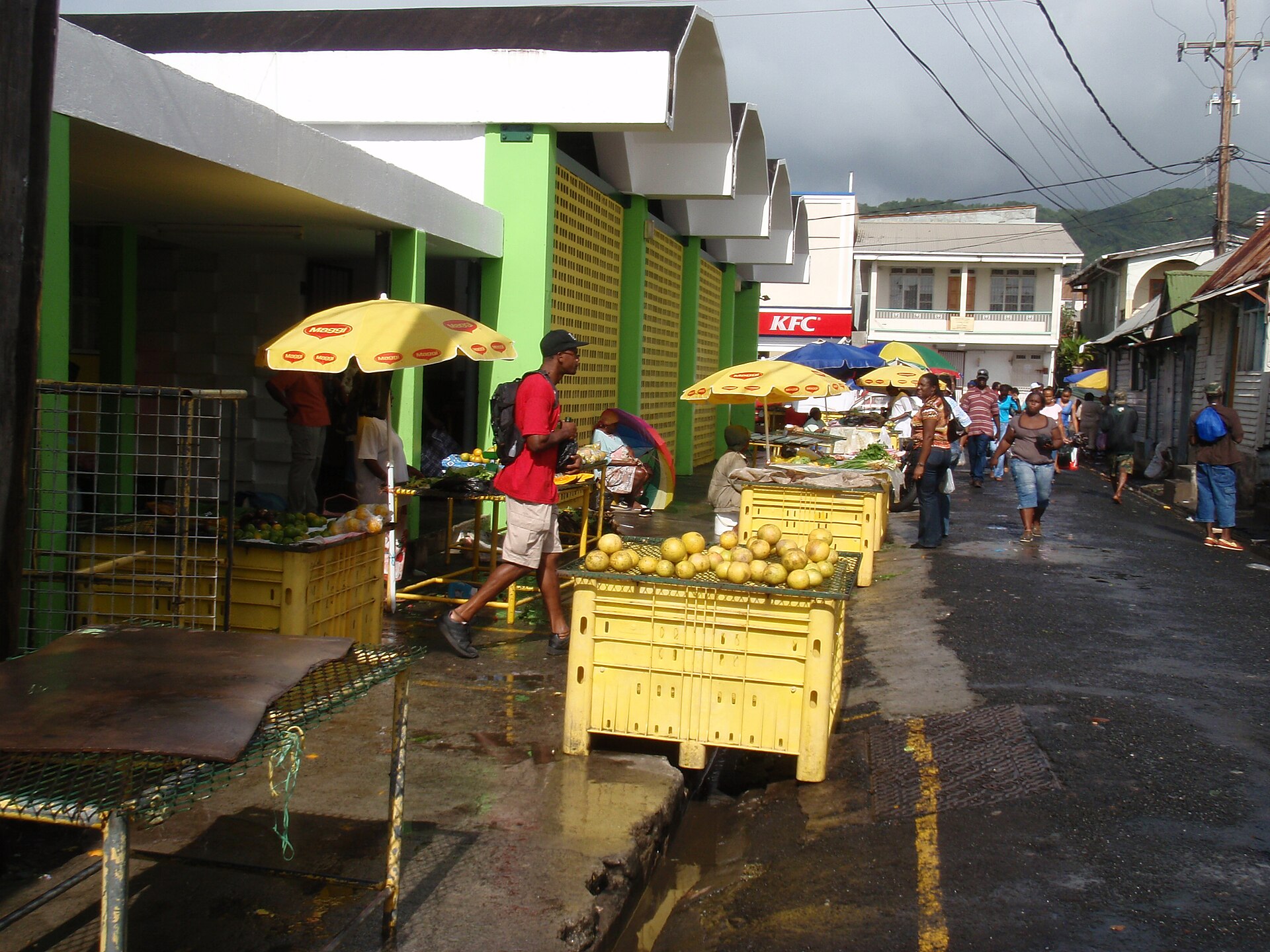 Shoppers and vendors at the produce market in Roseau, Dominica